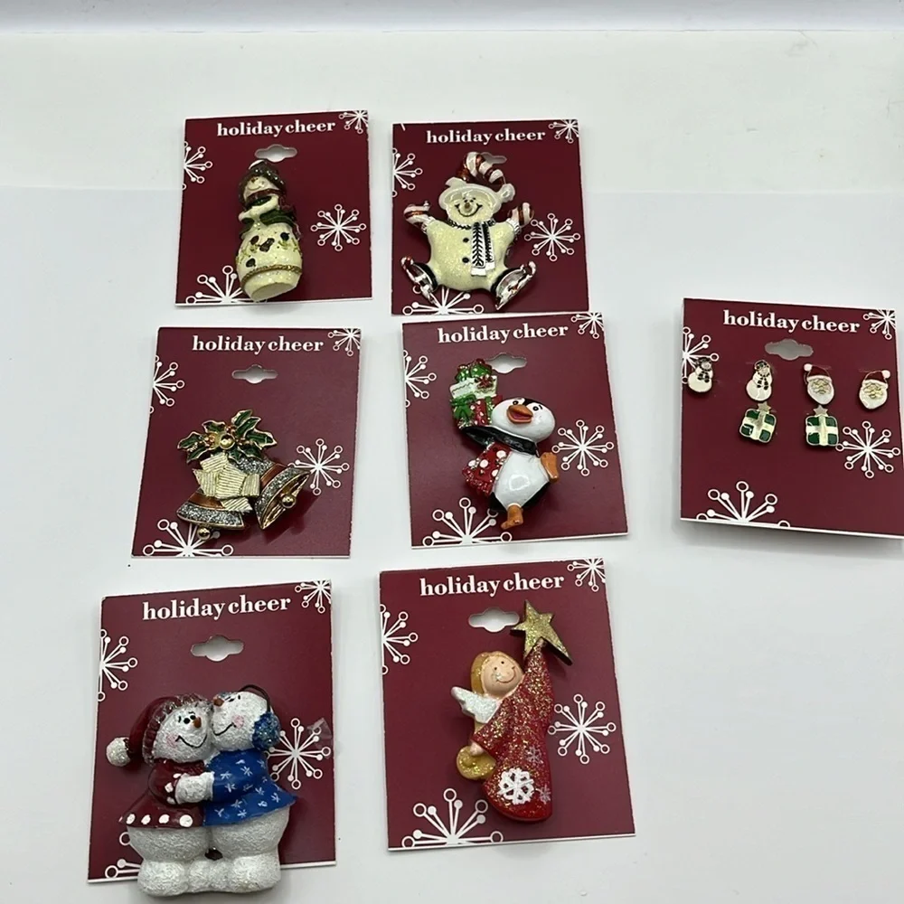 Christmas Brooches 5 and Set  and 1 Set Earrings Snowman Bell Penguin Angel Pins